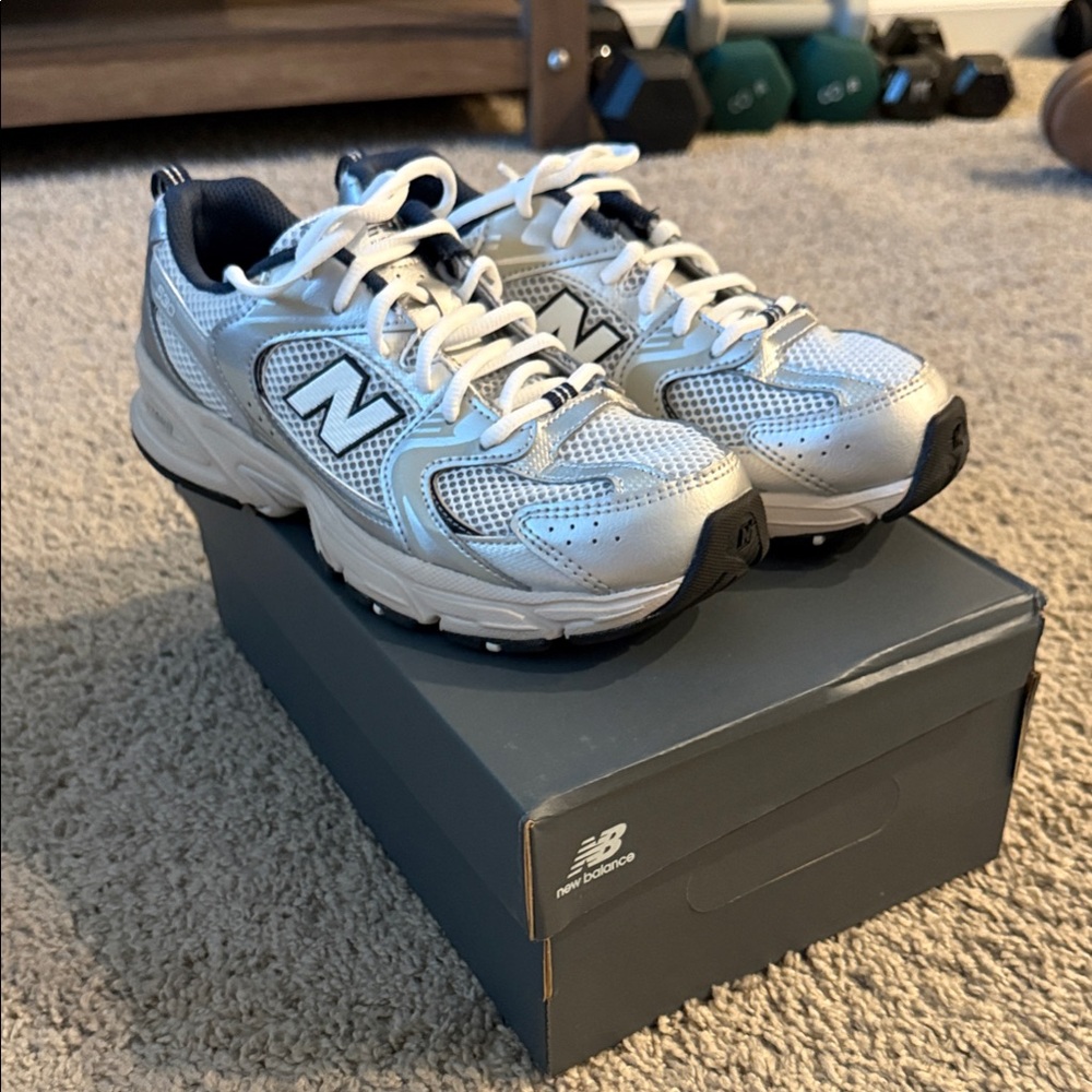 New Balance 530 Metallic Silver and Navy Sneakers